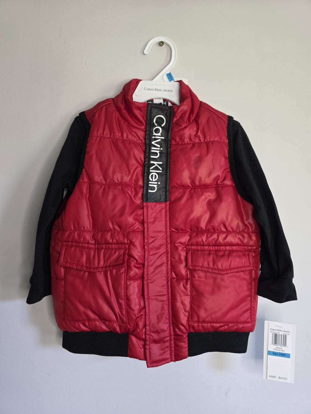 Calvin Klein Kids Red Puffer Jacket with Black Long Sleeve Shirt 2pc